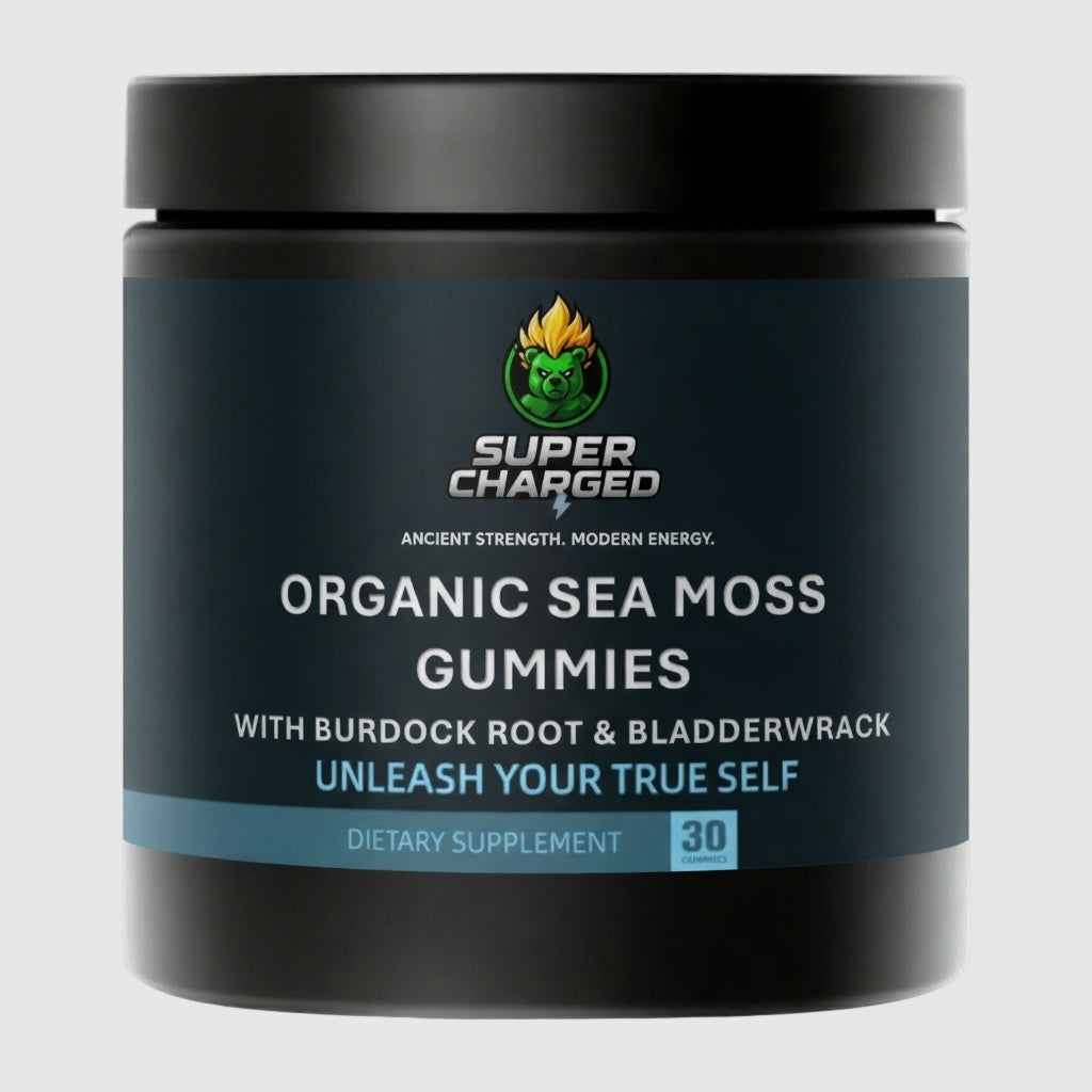 Container of Super Charged Organic Sea Moss Gummies on a white background