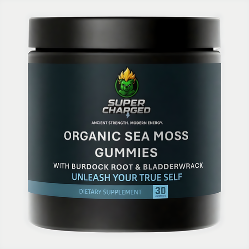 Supplement container labeled 'Super Charged Organic Sea Moss Gummies' on a white background