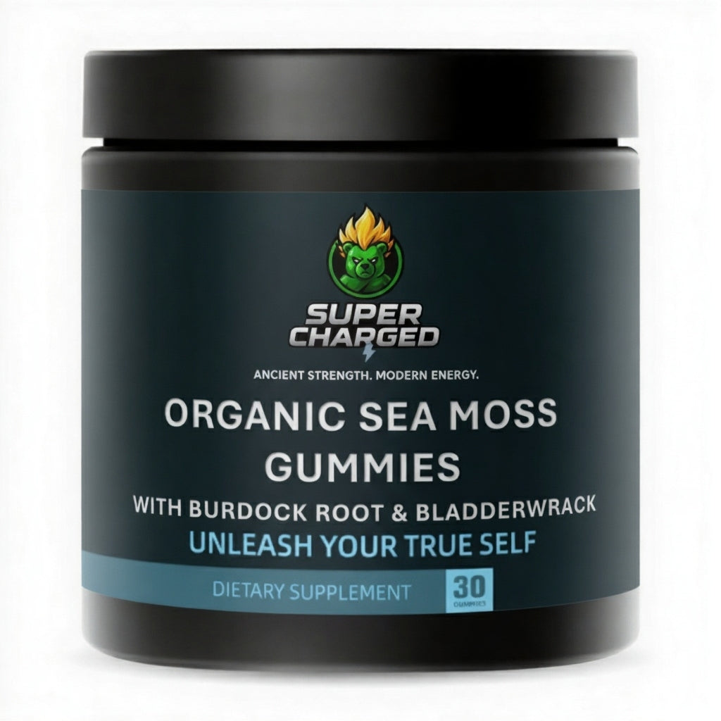 Super Charged Organic Sea Moss Gummies container on a white background