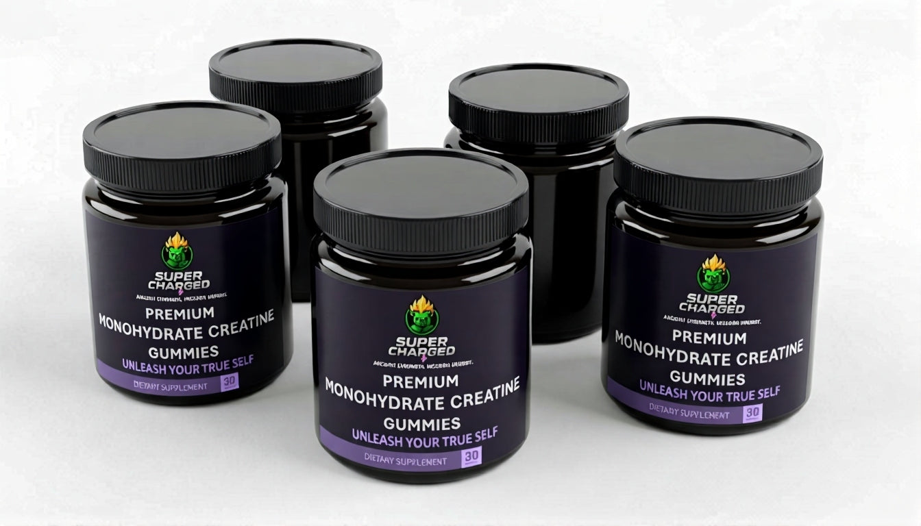 Five bottles of Supercharged Nutrition Premium Monohydrate Creatine Gummies on a white background
