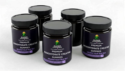 Five bottles of Supercharged Nutrition Premium Monohydrate Creatine Gummies on a white background