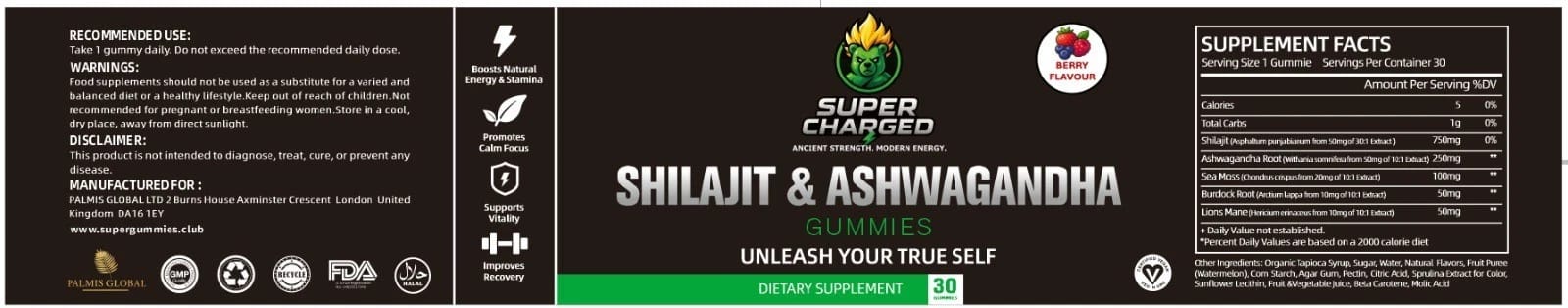 Supplement label for Shilajit & Ashwagandha with branding and text on a black background.