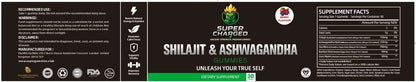 Supplement label for Shilajit & Ashwagandha with branding and text on a black background.