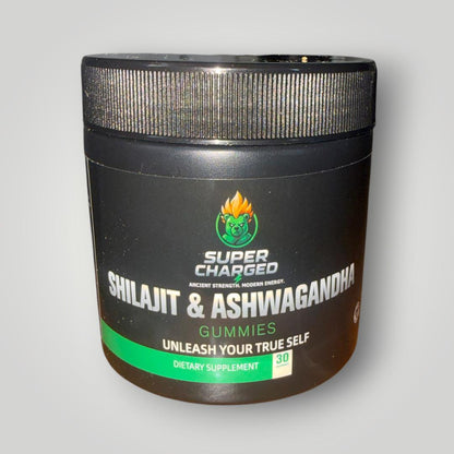 Supplement container labeled 'Super Charged Shilajit & Ashwagandha Gummies' on a gray background