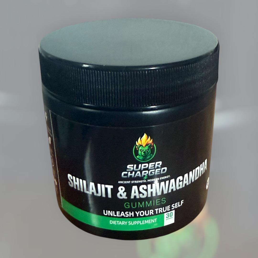Supplement container labeled 'Super Charged Shilajit & Ashwagandha Gummies' on a gray background