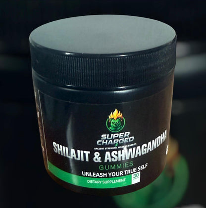 Supplement container labeled 'Super Charged Shilajit & Ashwagandha' on a dark background