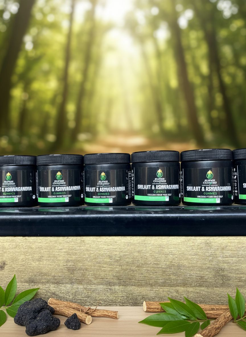 Row of black containers with green labels on a wooden surface in front of a forest background