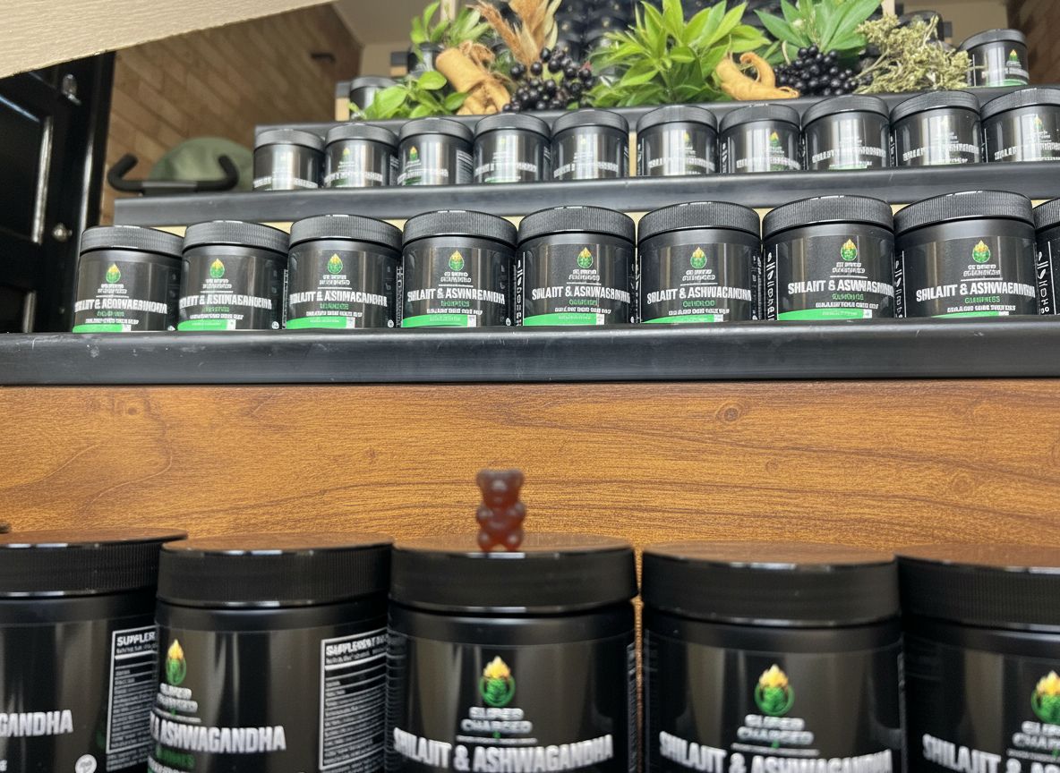 Row of black containers with green labels on a wooden shelf.