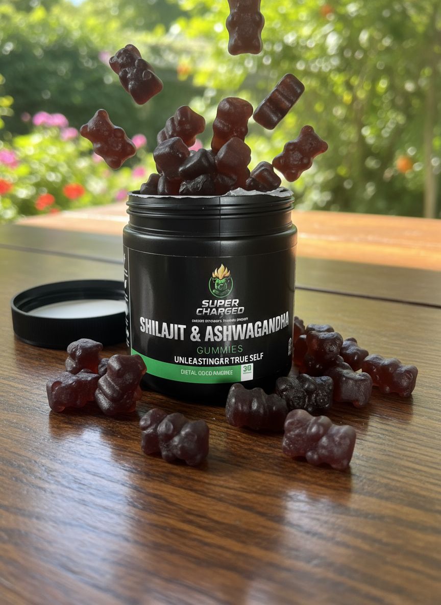 Jar of Shilajit and Ashwagandha gummies on a wooden surface with blurred greenery in the background.