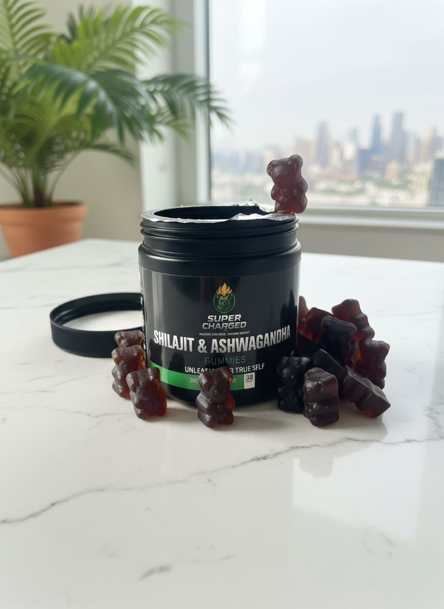 Black container with gummy bears on a marble surface near a window with a cityscape view.