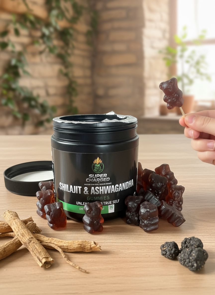 Supplement jar labeled 'Shilajit & Ashwagandha' with gummy bears on a wooden surface.