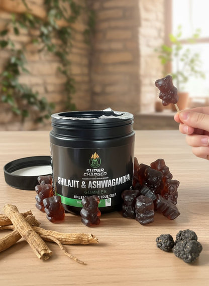 Supplement jar labeled 'Shilajit & Ashwagandha' with gummy bears on a wooden surface.